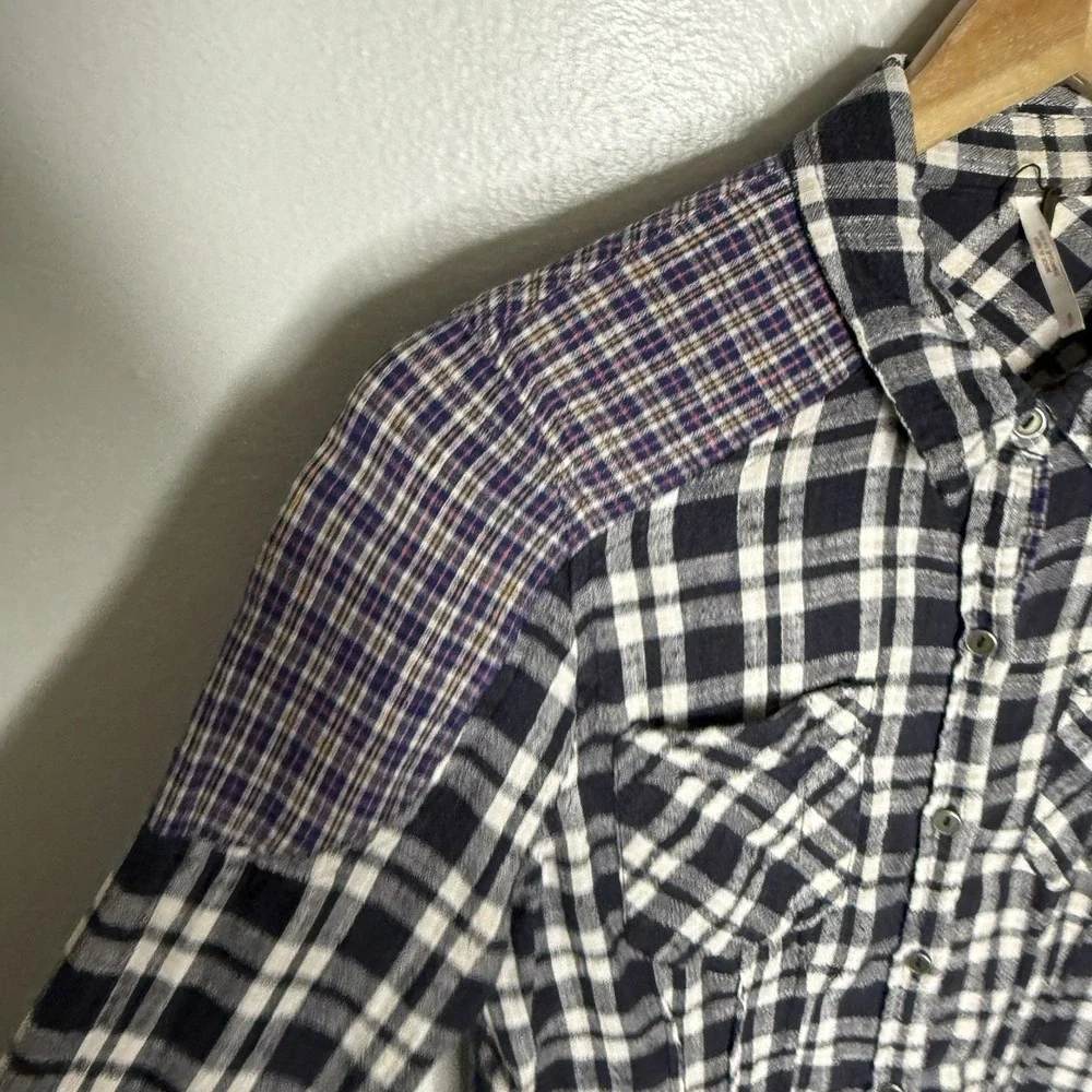 Free People Catch Up With Me Plaid Flannel Shirt Black Purple Womens Smal
